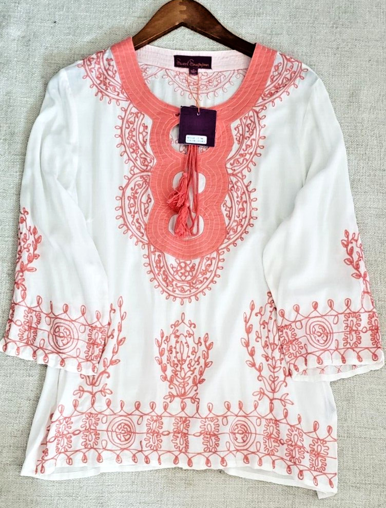 NWT Sweet Sinammon Women’s Top Shirt Tunic White Embroidered Mosaic 3/4 Sleeve M