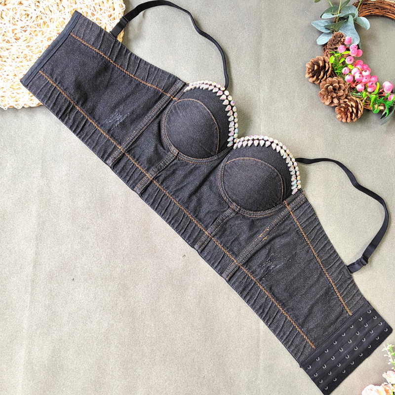 Lady Rhinestone Denim Bustier Crop Top Adjustable Strap Push Up Bra Camisole Top