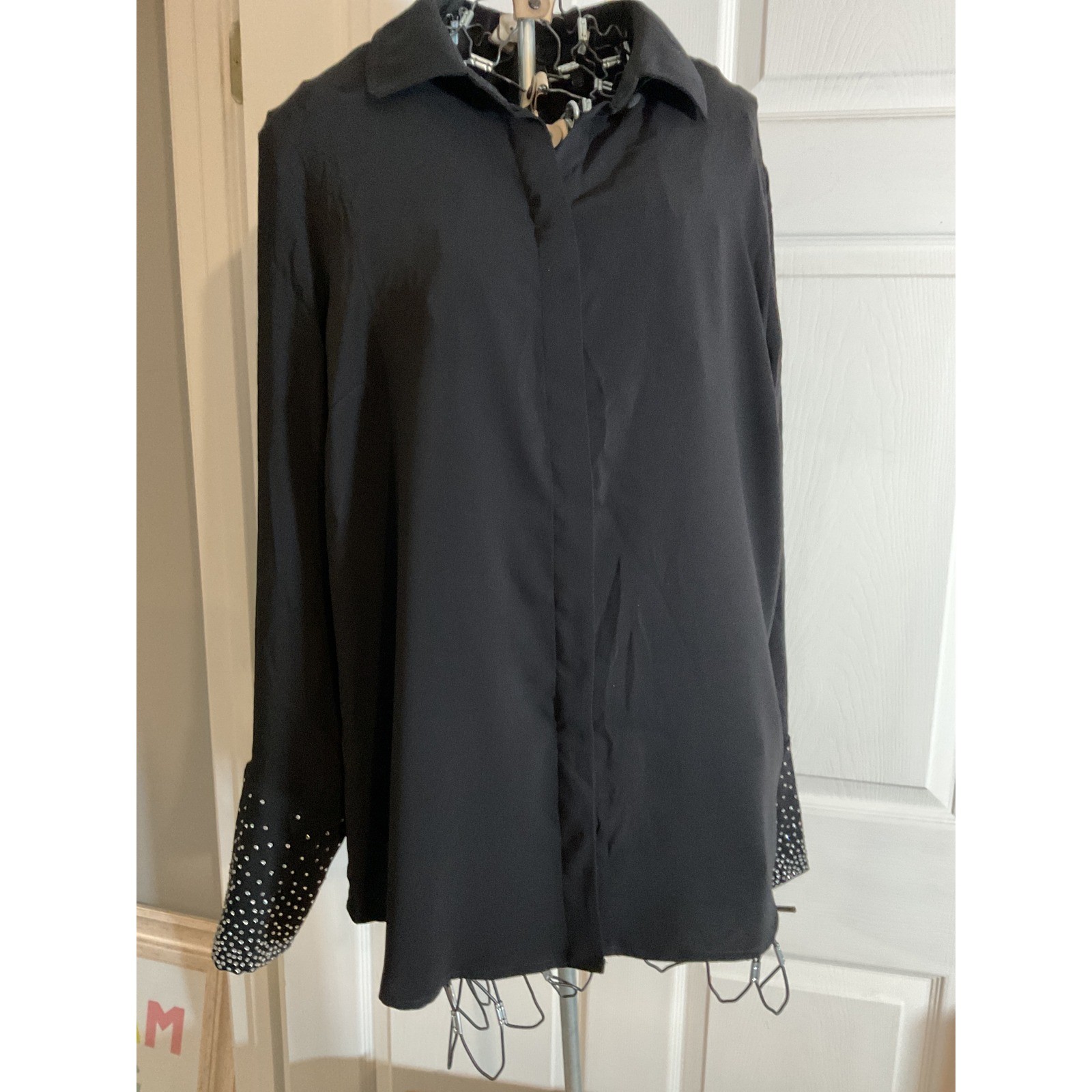 Joan Rivers Red Carpet Black Embellished Cuff Button Front Shirt Top Size L
