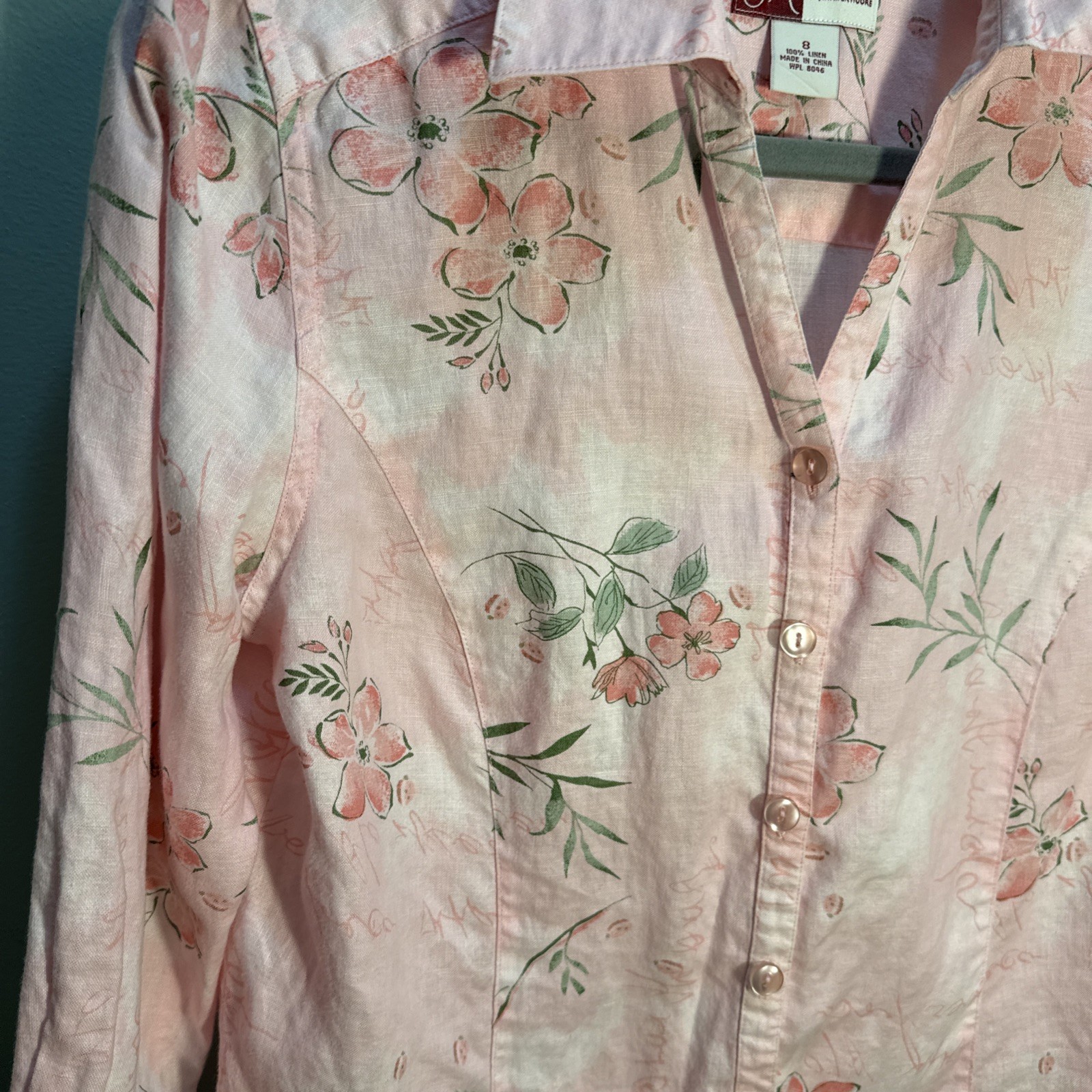 JM Collection Floral Cottagecore Linen Shirt 8 Tropical Cruise Button Blouse
