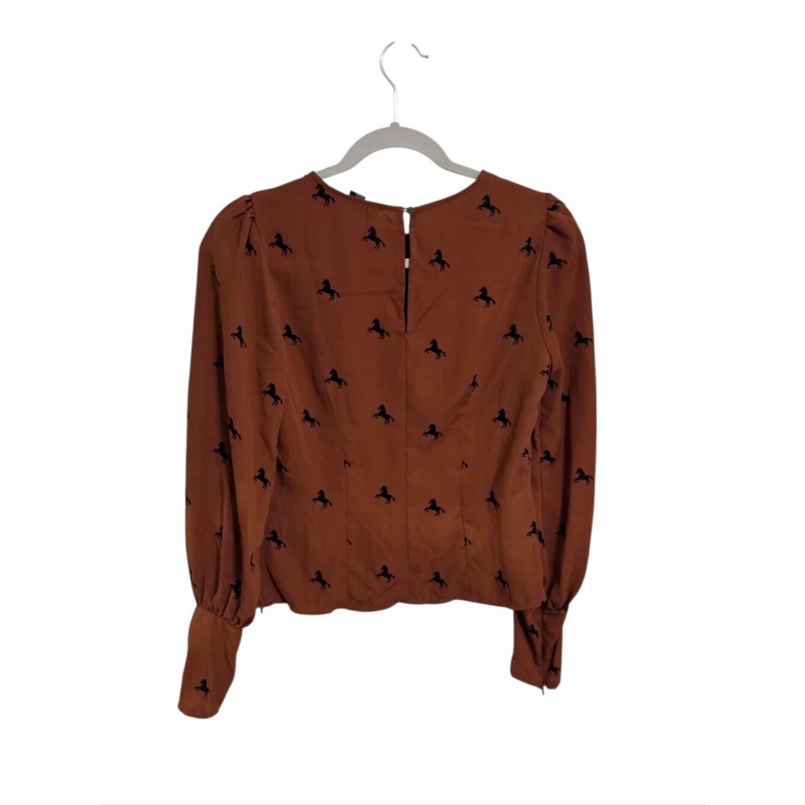 Brown Black Horse Print Long Bishop Sleeve Top S Western Boho Country Cowgirl