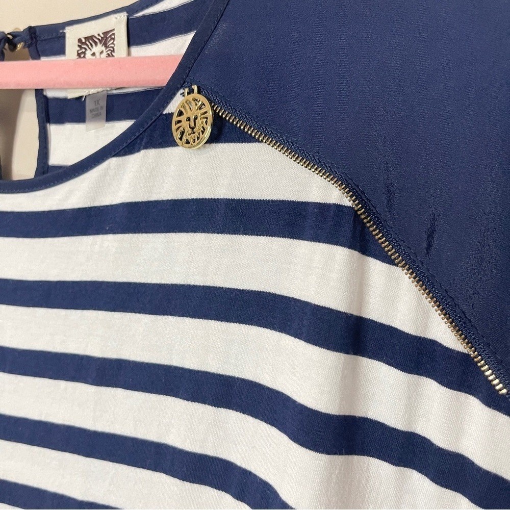 ANNE KLEIN NWOT White & Navy Sailor Striped Cap-Sleeve Top, Gold Logo Zipper, 1X
