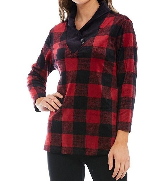 NWT Ali Miles SOLID BLACK Soft VELOUR Fold Over Shawl Collar Tunic Top M POCKETS