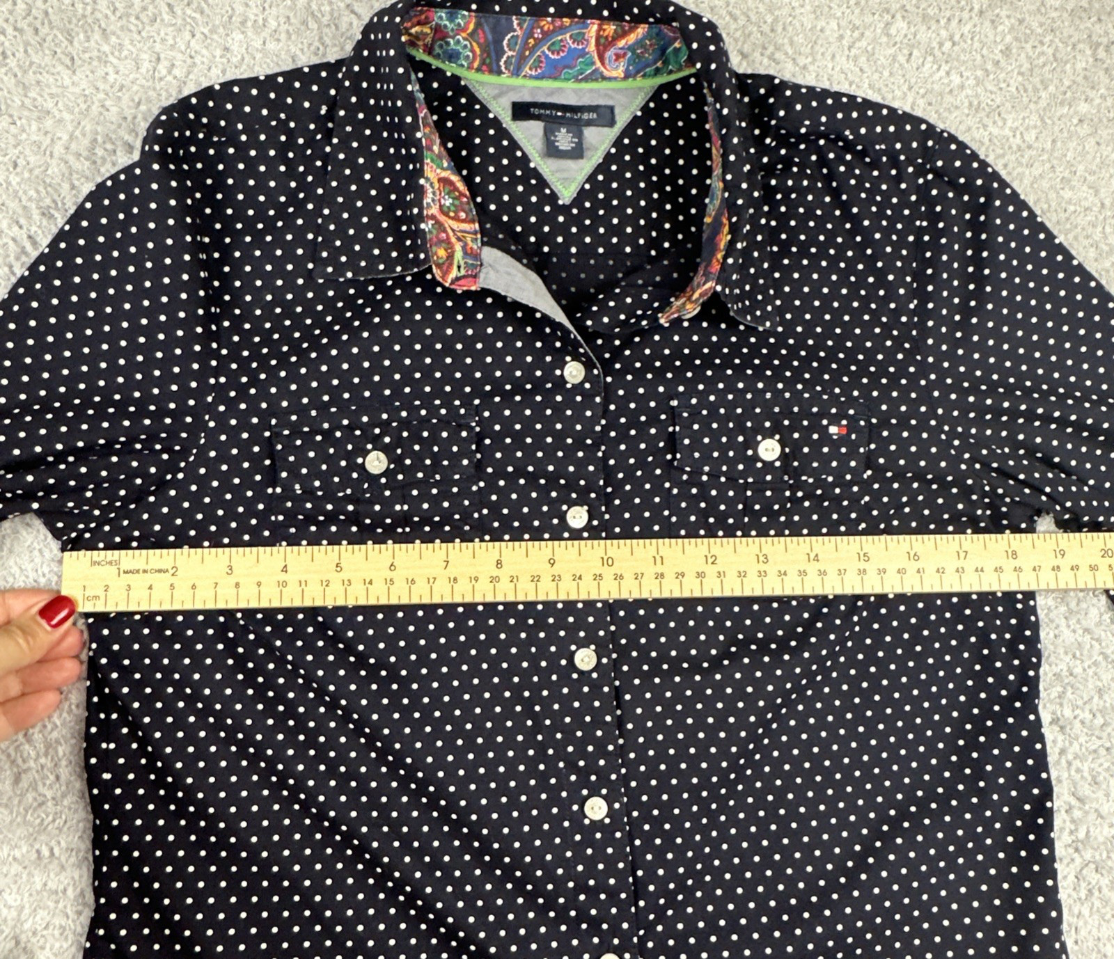 Tommy Hilfiger Women’s Polka Dot Shirt M Navy & White Top Long Sleeve Flip Cuff