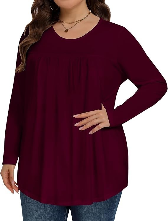 Women’s Burgundy Allegrace Long Sleeve Front Pleated Scoop Neck Tunic 2X