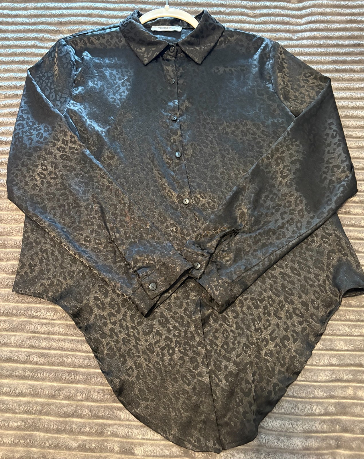 Vintage Love Women’s Black Leopard Print Satin Button-Up Shirt