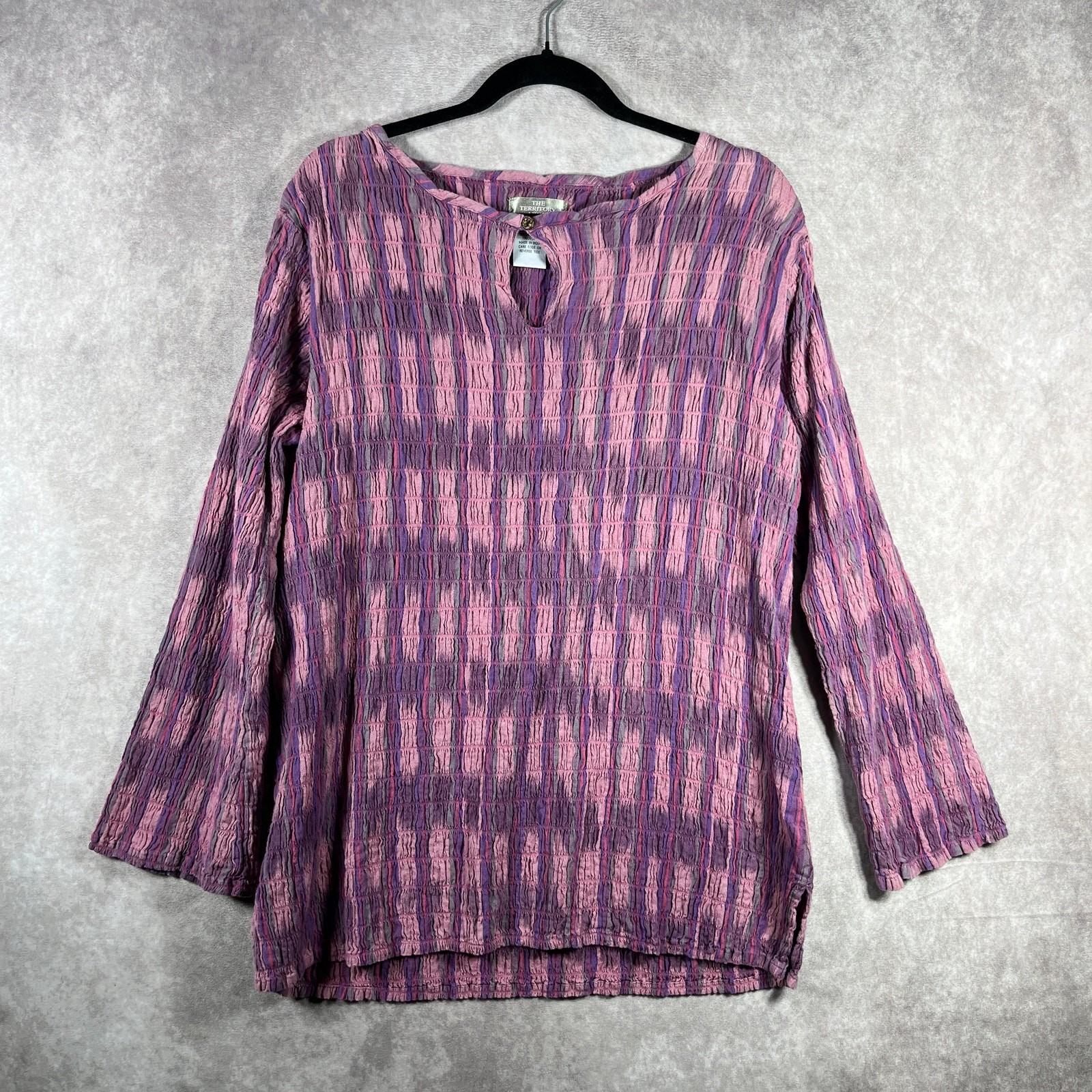 The Territory Ahead Top Womens Large Purple Plaid Smocked Keyhole Neck Stretch