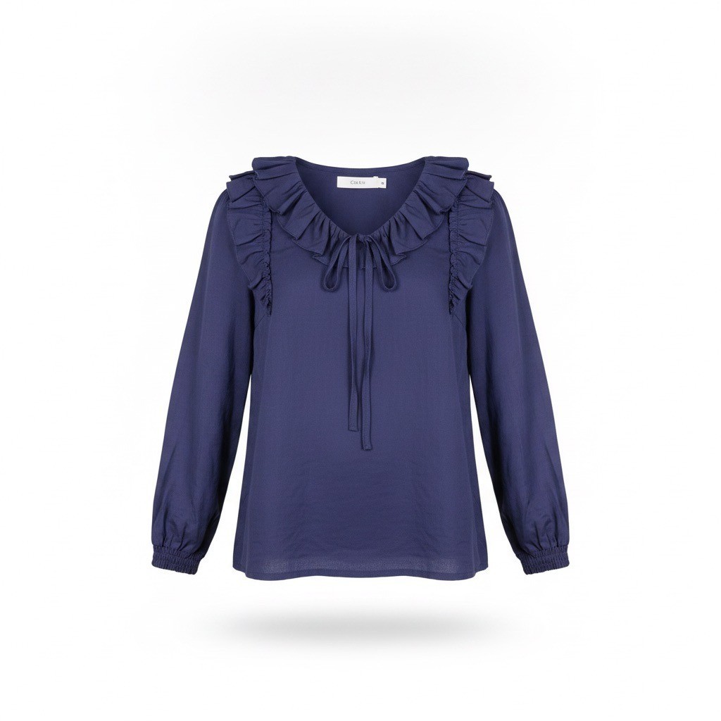 Star By So Nice Womens Navy Cotton Blouse With Ruffled Collar Long Sleeves Sz 36