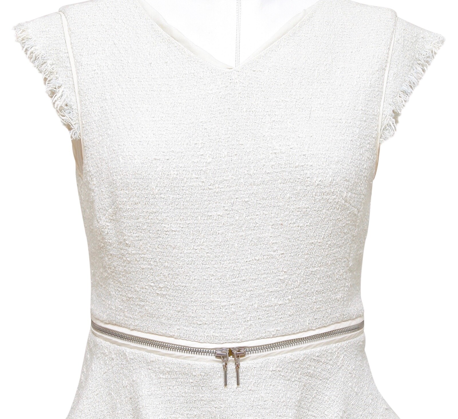 REBECCA TAYLOR Top Sleeveless Shirt Tweed Light Blue Ivory Fringe Zipper Sz 8