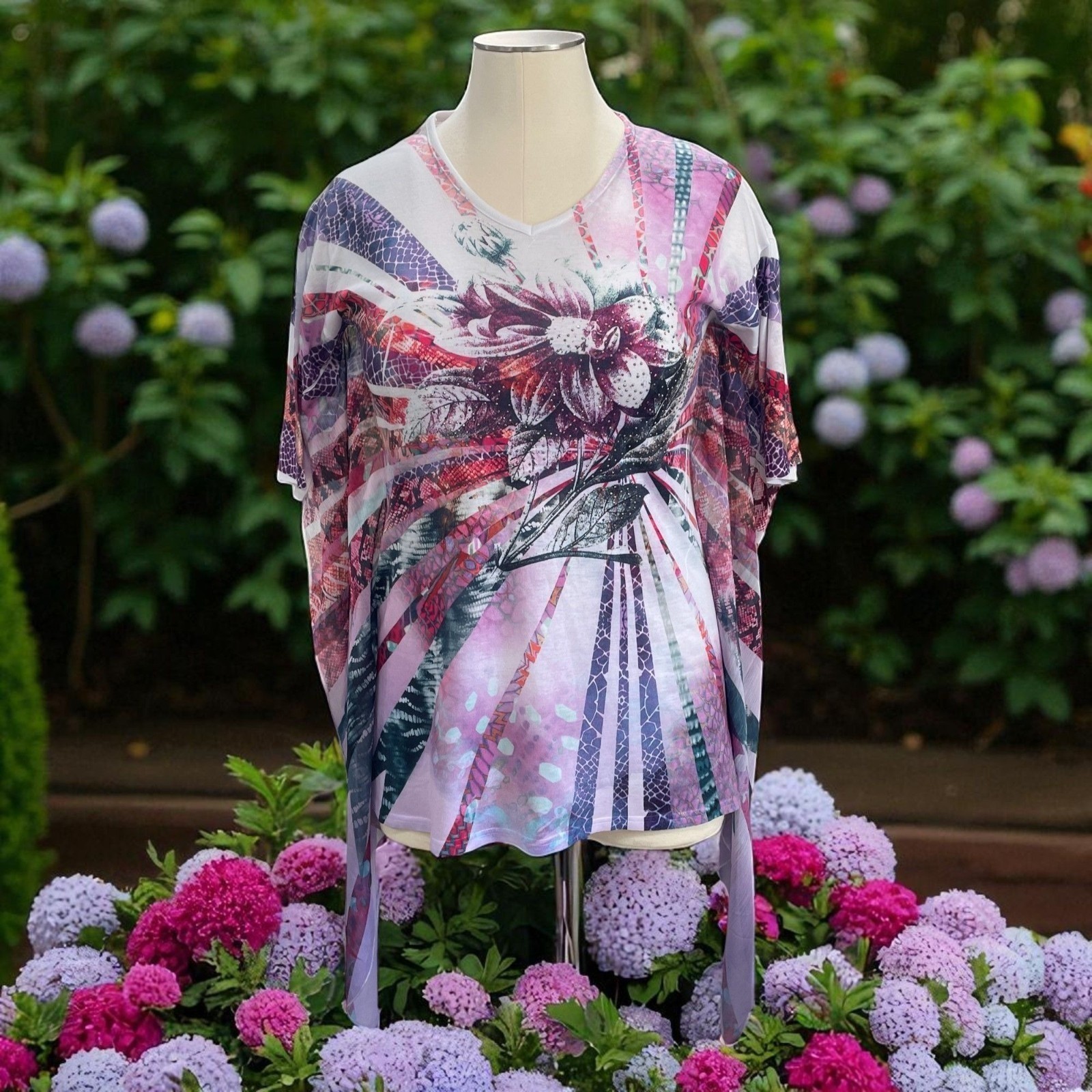 India Boutique Floral Poncho Top Sheer Boho Festival Summer Artsy SZ L/XL