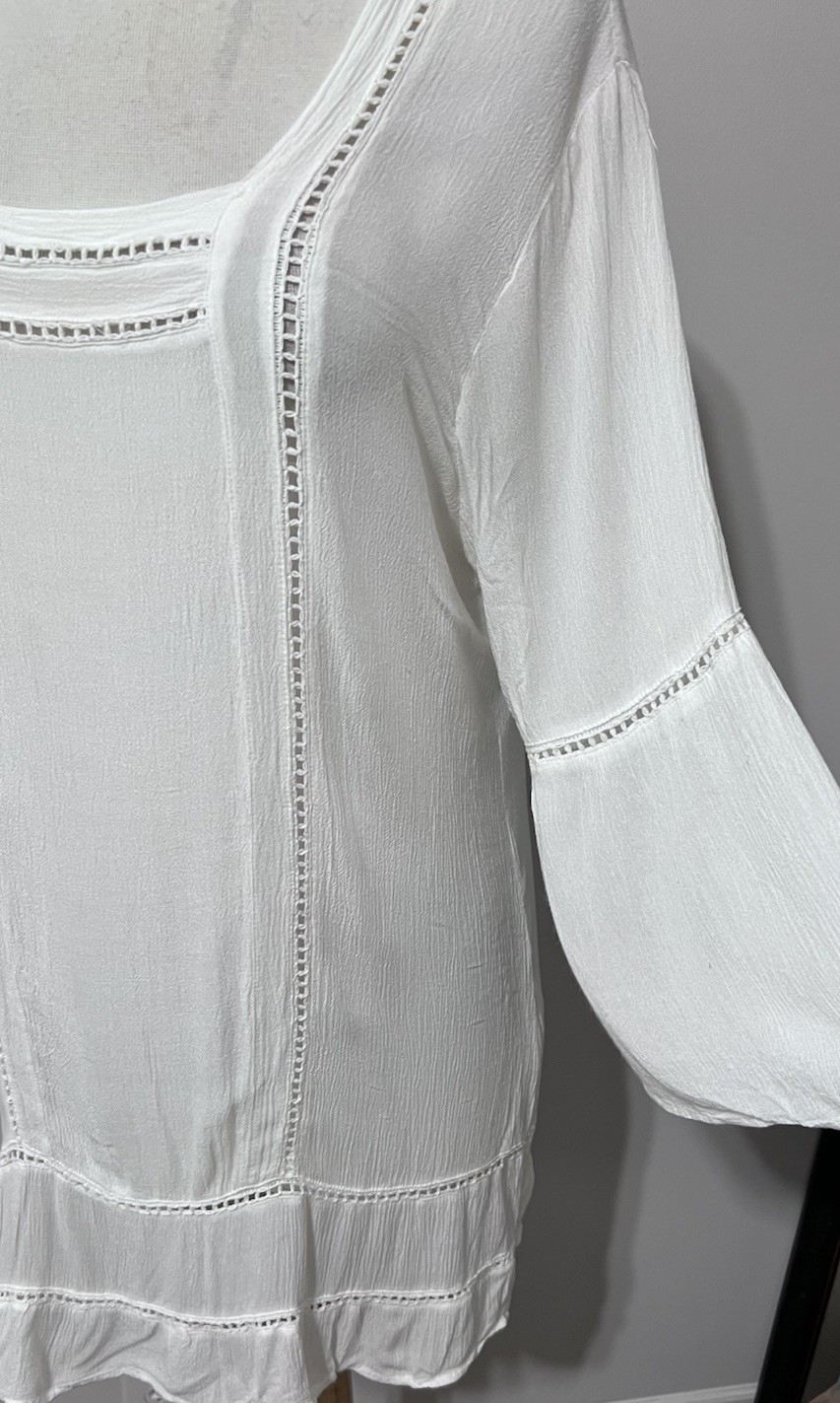 Cute Options White Peasant Delicate Boho Flowy Gauze Eyelet Tunic Top Sz L