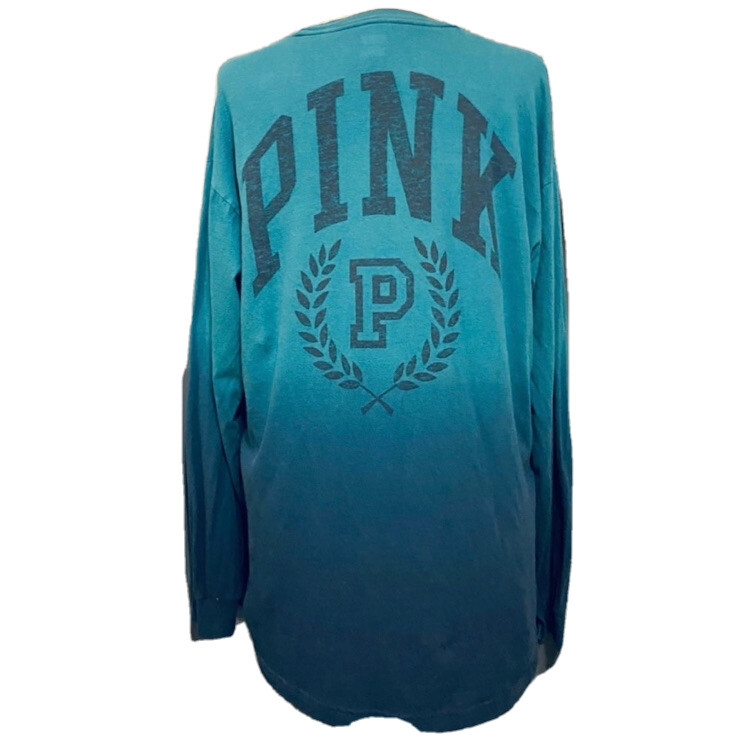 VS VICTORIAS SECRET PINK CAMPUS LONG SLEEVE TEE TOP DEEP LAKE DIP DYE S