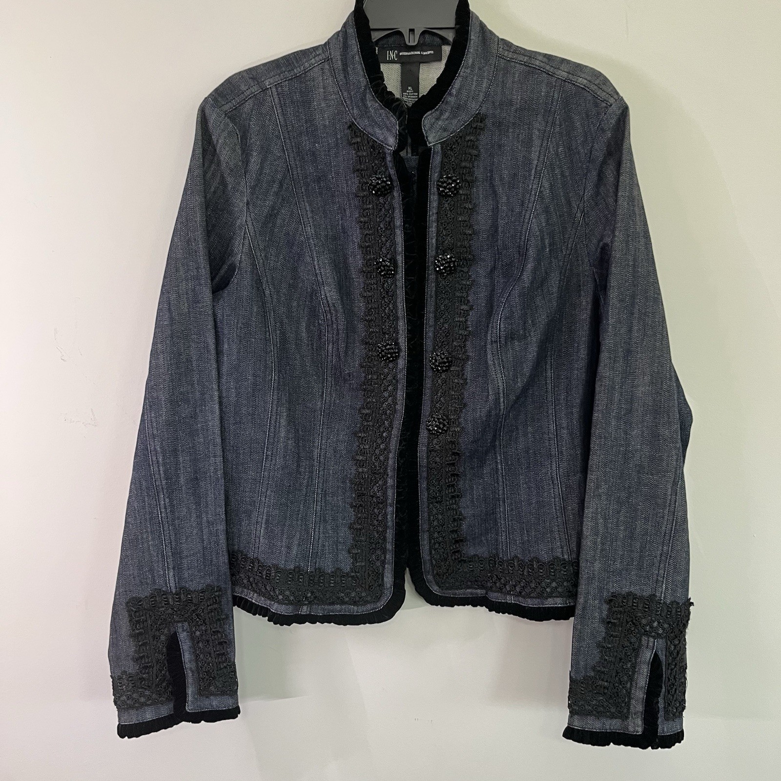 INC International Concepts Top Womens XL Dark Wash Denim Button Lace Fringe