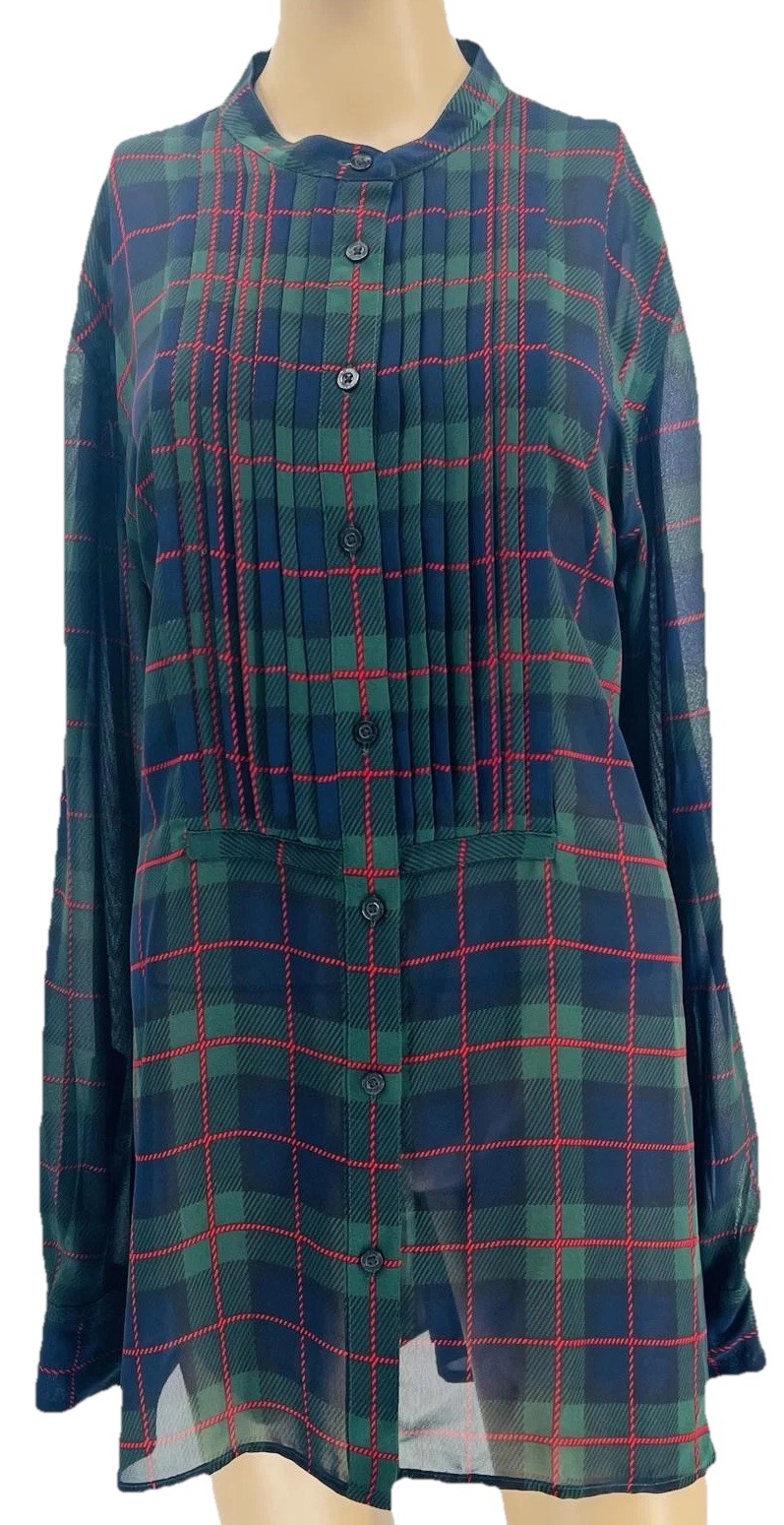 Plaid Button-Front Tunic Shirt XL Lightweight Sheer Fabric Chaps