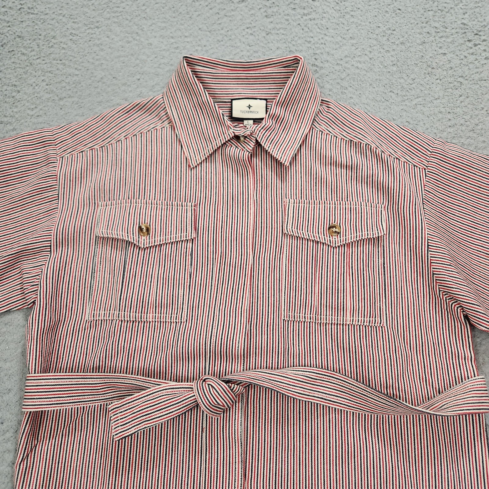 Tuckernuck Shirt Womens Large Red Striped Scottie Belted Hidden Buttons Pockets