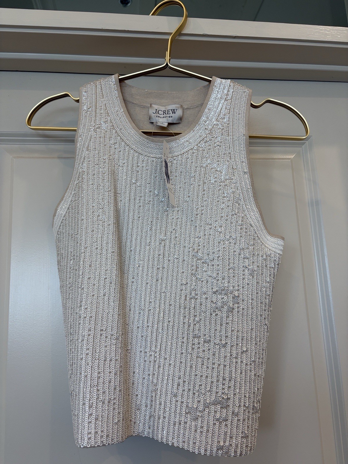 J.CREW Collection Beige/White Sequin Knit Sleeveless Round Neck Tank Top Small