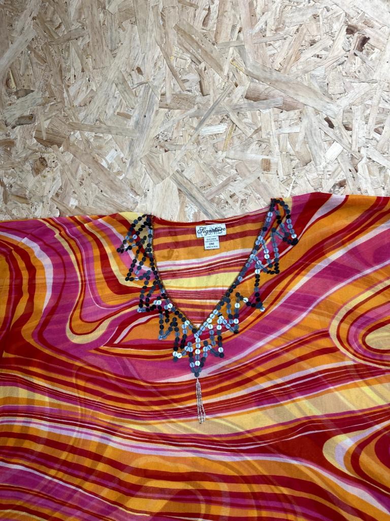Signature Club A Kaftan Top Womens One Size Pink Orange Psychedelic Sequin