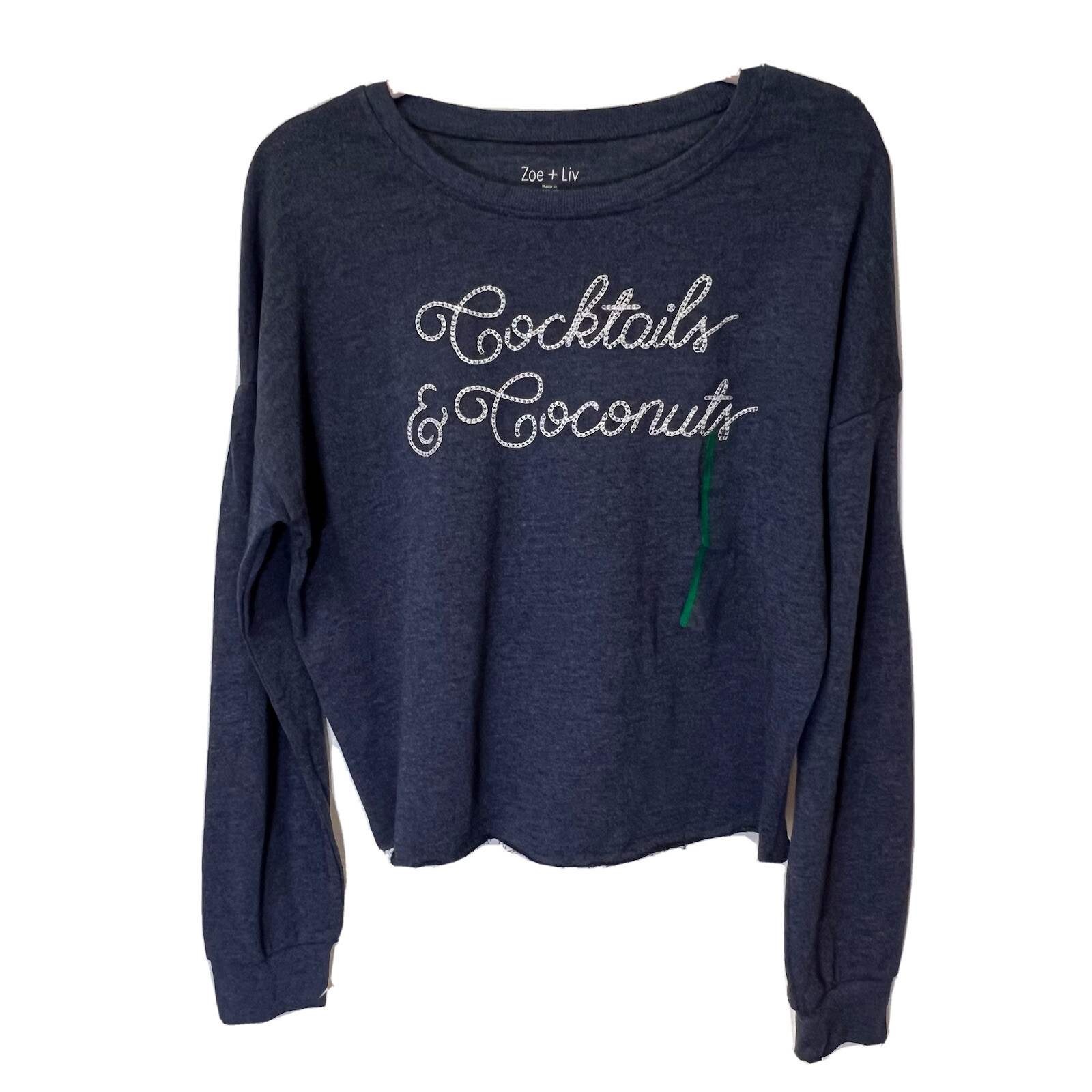 NWOT Zoe + Liv Women’s Cocktails & Coconuts Sweatshirt Raw Hem Cozy Medium Blue