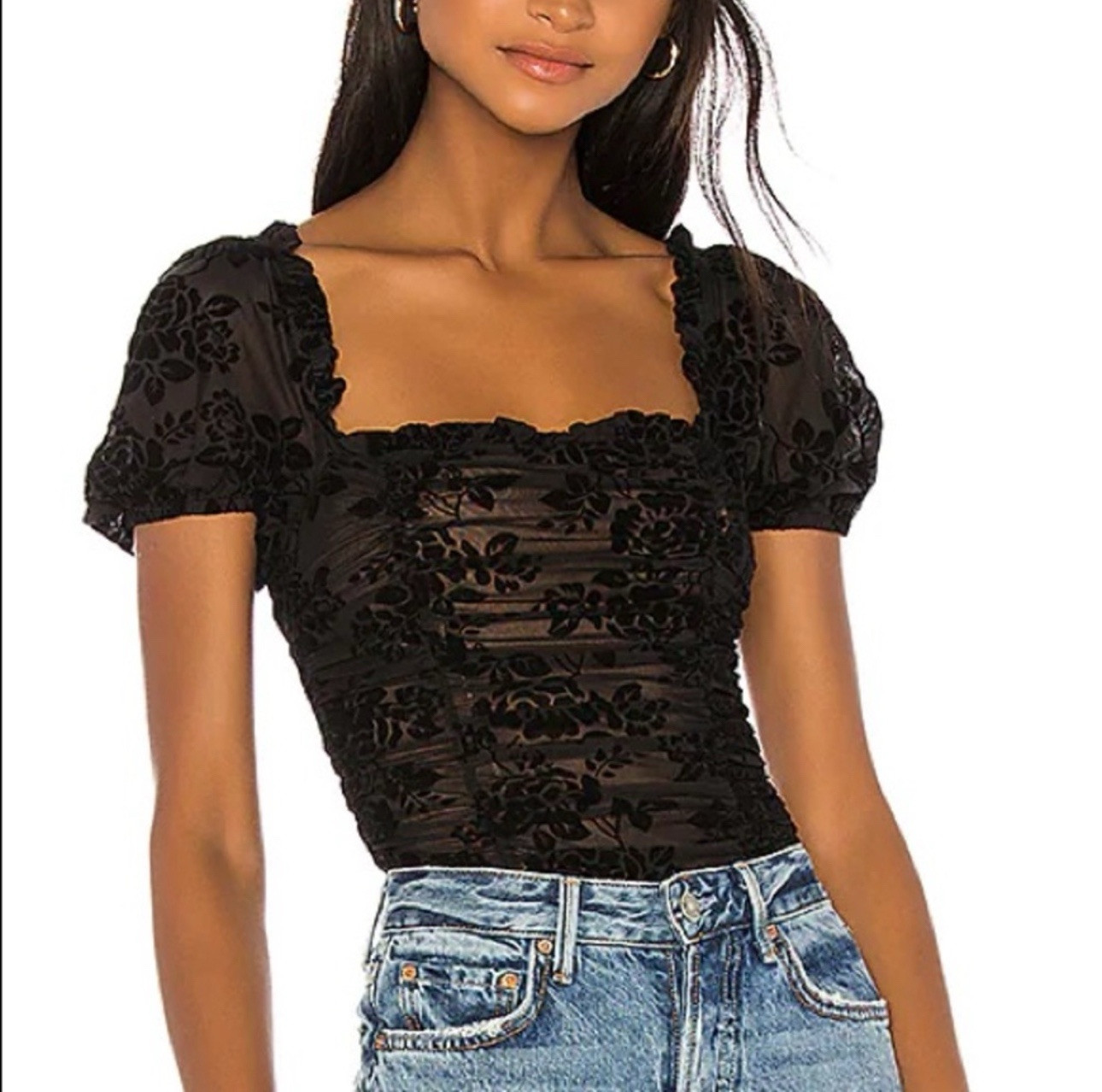 MARJORELLE Revolve Black Julius Velvet Burnout Thong Bodysuit Puff Sleeves SMALL