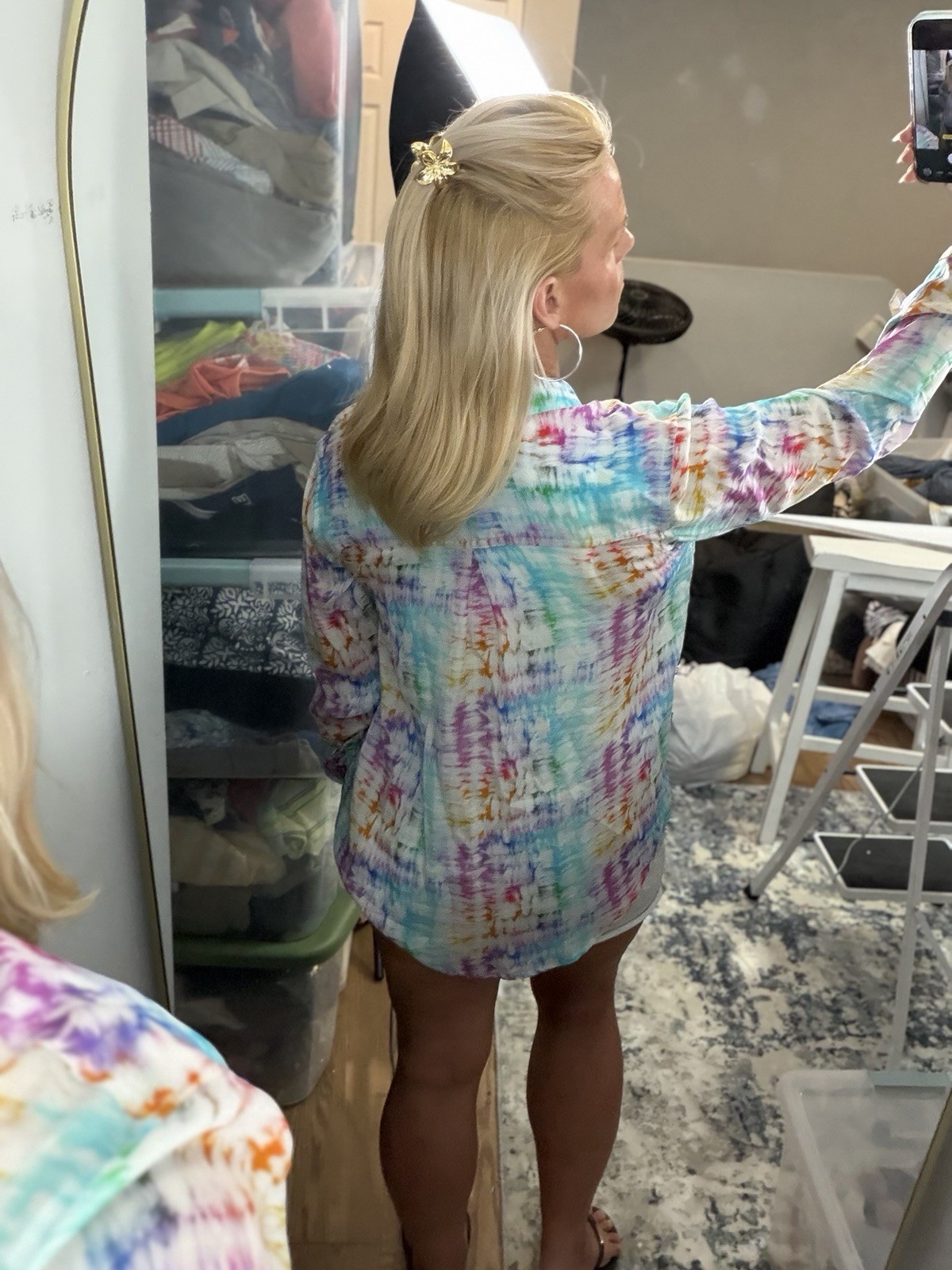 APNY Button-up W/ Roll-up Sleeve Shirt Women’s Size M Rainbow Tie Dye Top Blouse