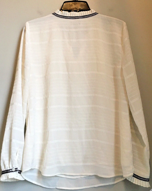 Talbots Ivory Striped Blouse M Victorian Tie Neck Black Ribbon Ruffle Sleeves