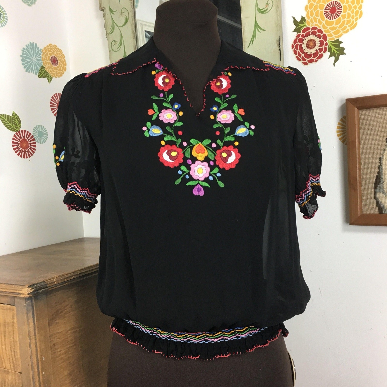 Vintage Embroidered Peasant Blouse, 1970s Sheer Black Rayon Georgette Top, XS-S