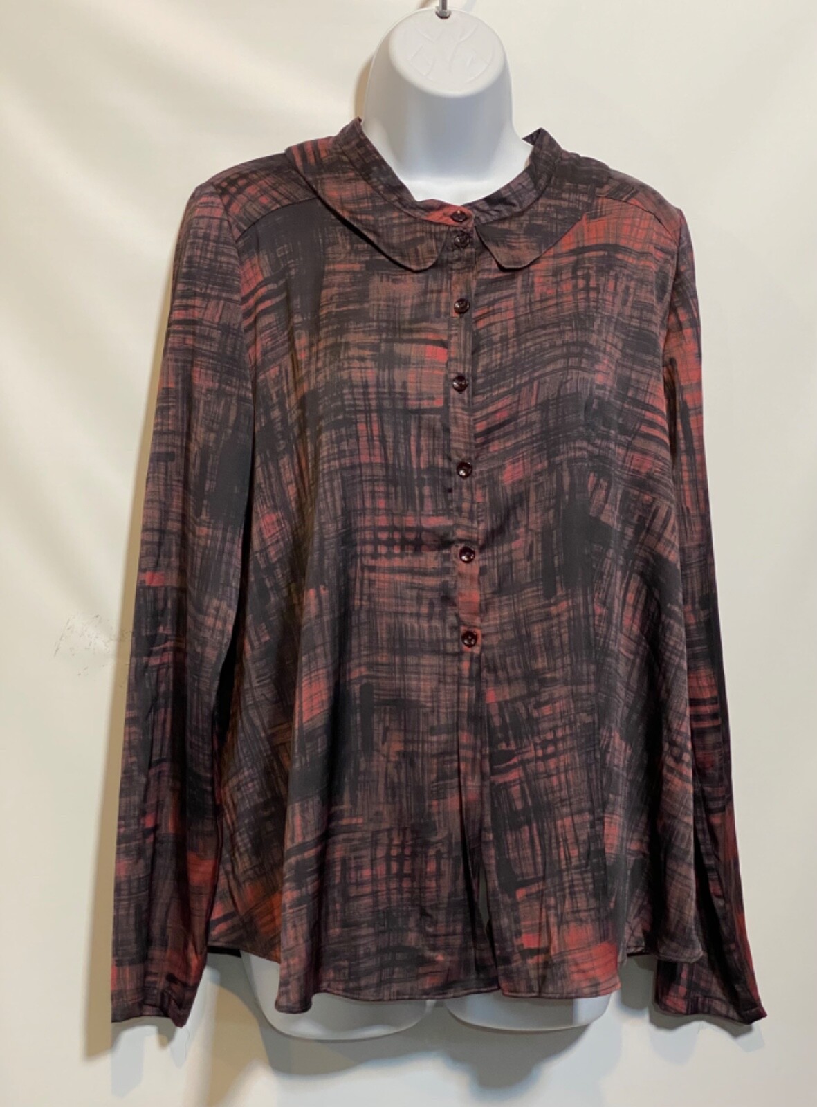 Lilith S Gray Coral Satin Collar Button Flare Long Sleeve Blouse LikeNew Tunisia