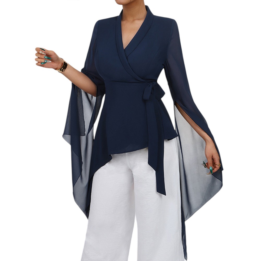 Women Chiffon Wrap V Neck Business Casual Shirt Office Asymmetrical Blouse Tops