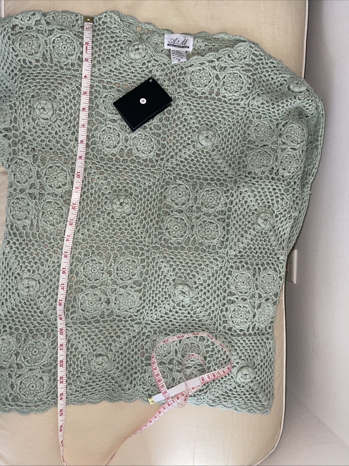 NWT A M Collection Handknit Crochet Ramie Cotton Blouse Sweater Sage Green M