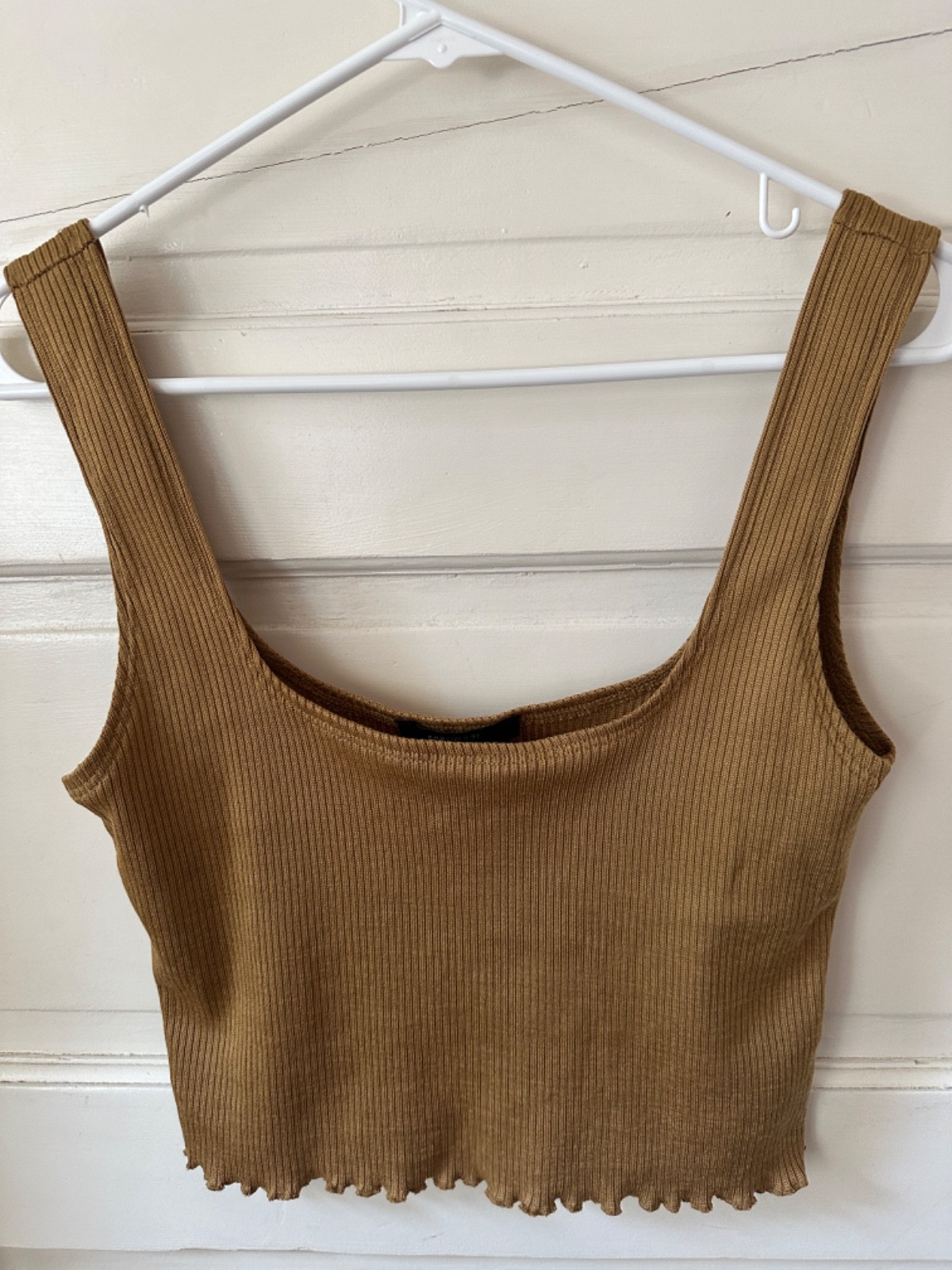 Forever 21 Ribbed Square Neck Crop Wide Strap Tank Top Lettuce Trim Olive Brown