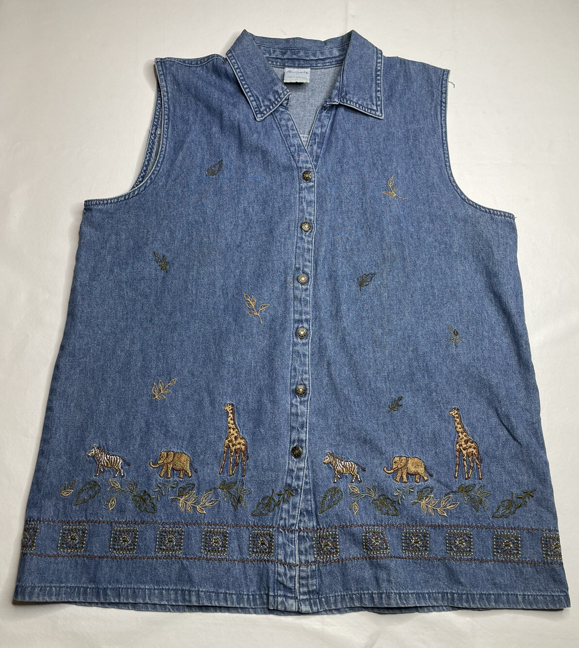 Cascade Blues Women’s Sleeveless Jean Shirt w/ Embroidered Animals- Size L