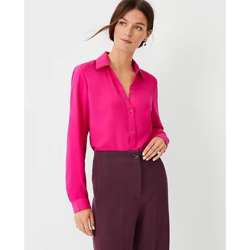 Ann Taylor Loft Womens Top XS Petite Hot Pink Fuchsia V-Neck Long Sleeve Shirt