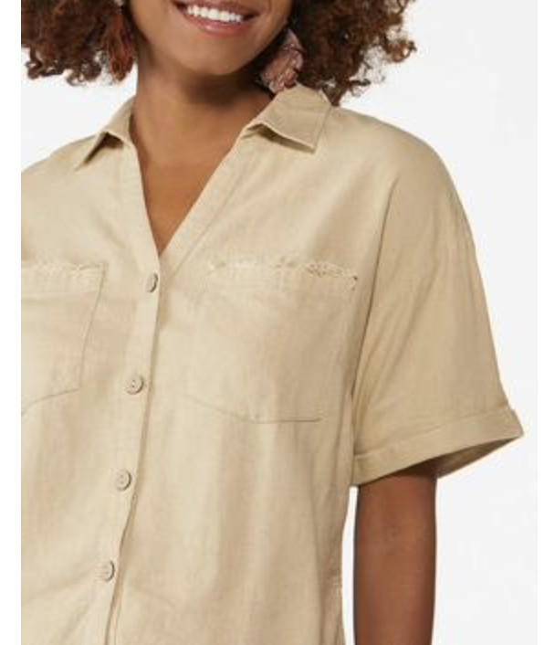 CATO Women’s J/M Frayed Linen Shirt – Safari Beige, L-XL