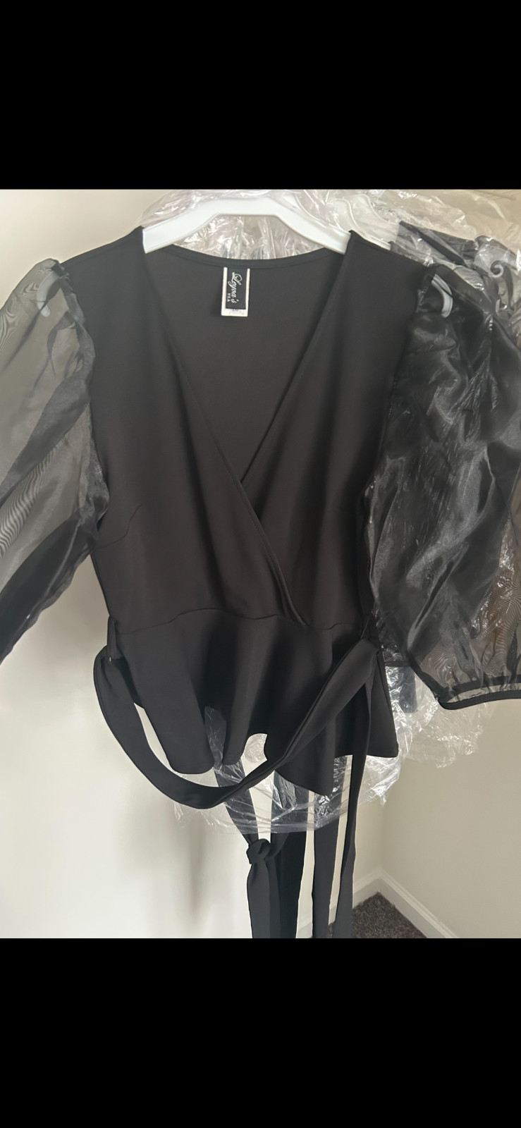 Women’s Black Organza Sleeve Peplum Wrap Top