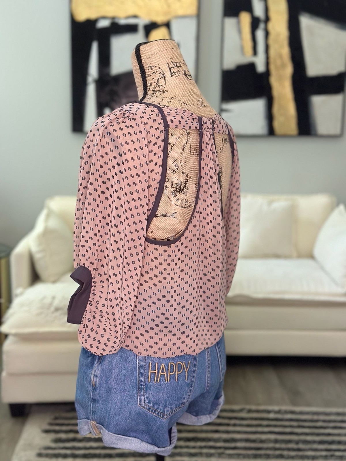Love Culture Blush Pink and Black Geometric Print Cut-Out Back Blouse