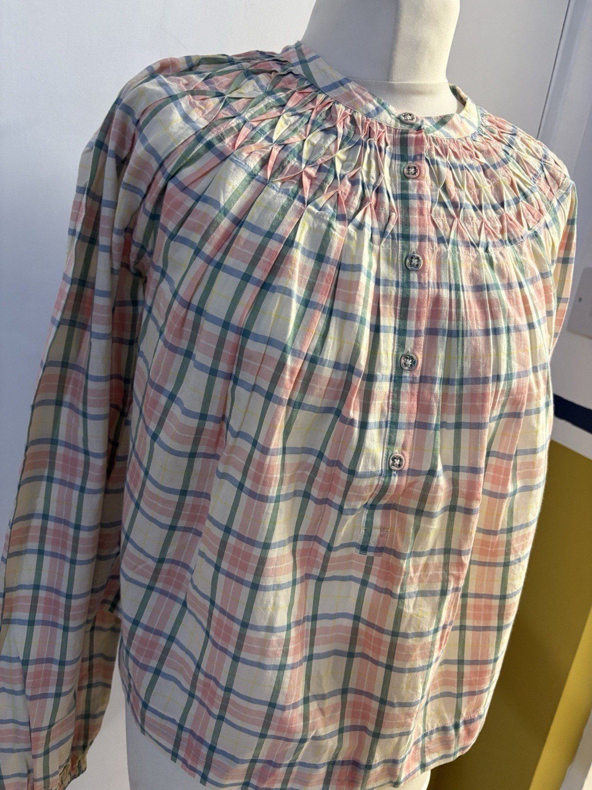 Boden UK 10 Smocking Detail Blouse multi-color checked 100% Cotton