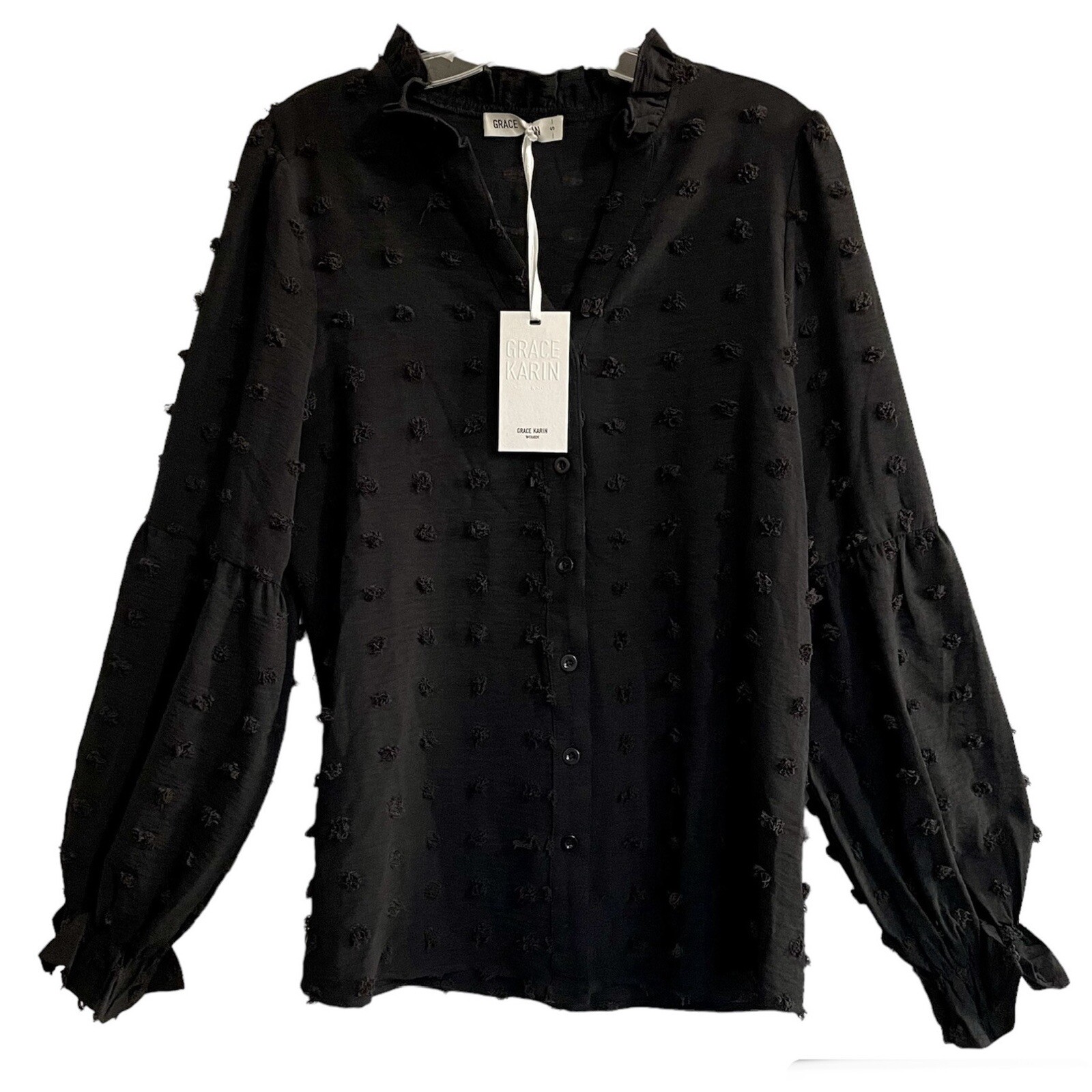 Grace Karin Blouse Women Size Small Black swiss Dot Long Sleeve Ruffled Neck