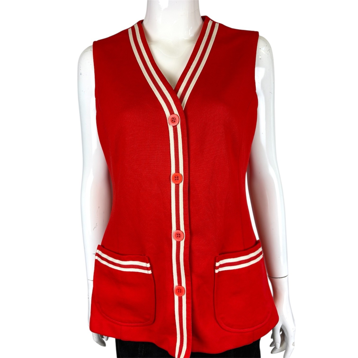 Vintage 60’s 70’s Red Sleeveless Top 10 12 Tunic Mod Retro True White Trim