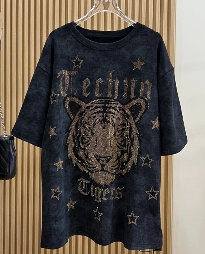 New Men Women Luxury Diamond Tiger Rhinestones Fashion T-Shirt High Quality