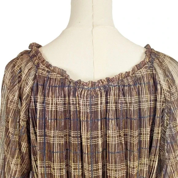 Knox Rose Large Brown Black Gold Plaid Blouse Sheer Lined Peplum Elastic Waist