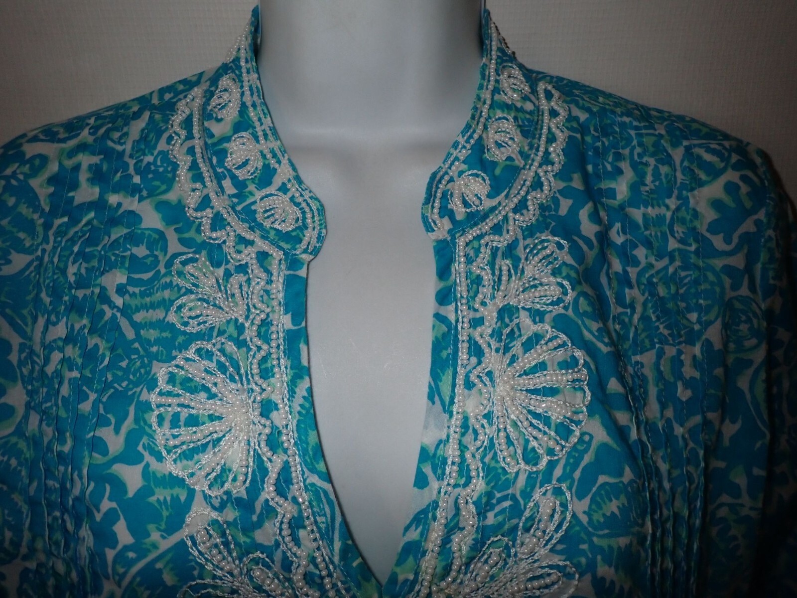 Lilly Pulitzer Sarasota Blue beaded Tunic Top Size S Shells Print Beach Casual