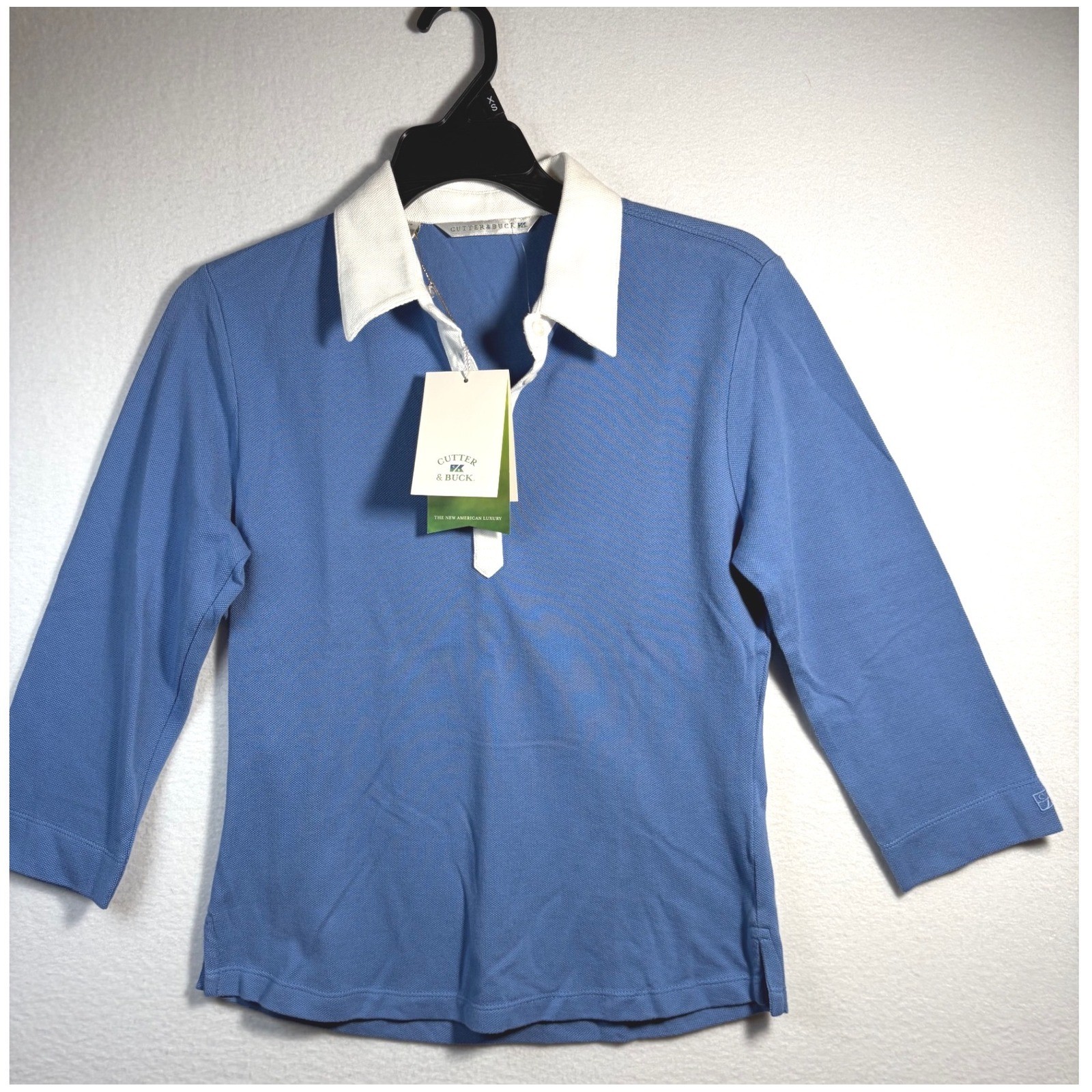 Cutter & Buck Polo Shirt Women XS Blue New 3/4 Sleeve Pique Rugby Collar Top