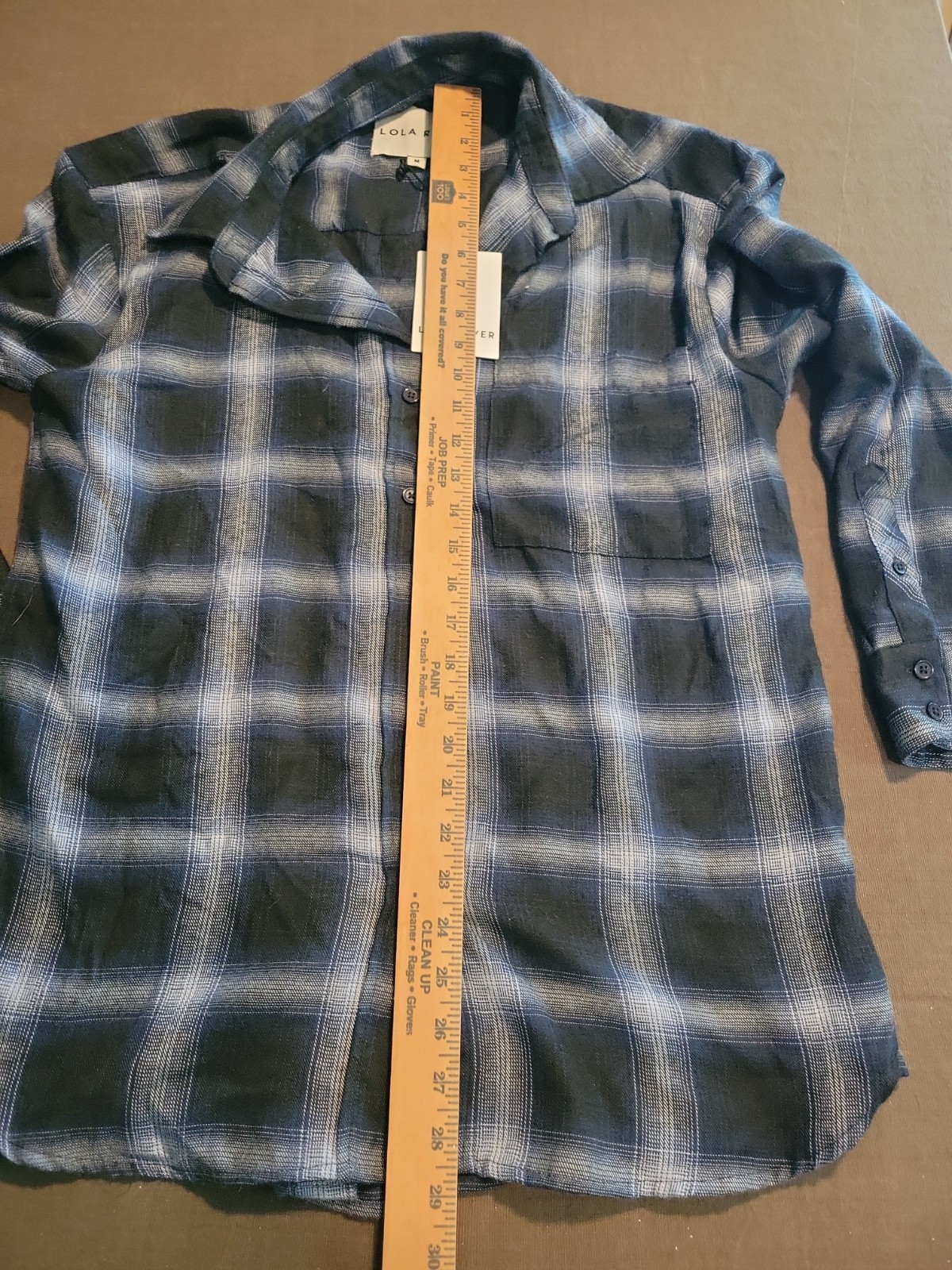Lola River Issac Midnight Blue Plaid Flannel Women Button Up Shirt Medium