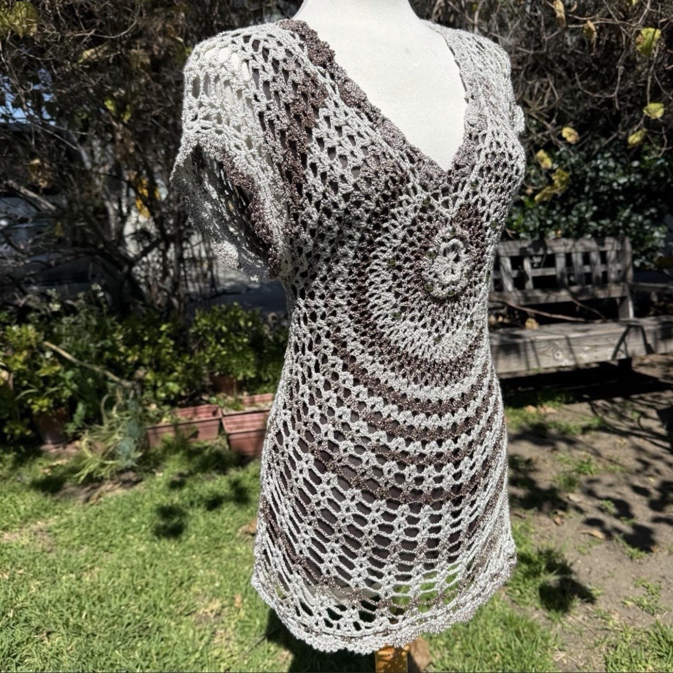 Vtg Y2K Alberto Makali Crochet Knit Mesh Layered Top Brown Metallic Medallion M