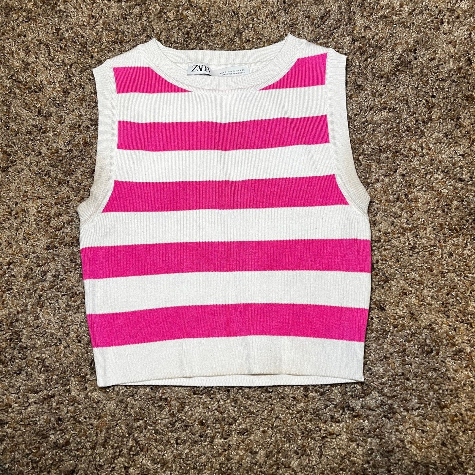 Zara Women’s Size S Pink and White Stripped Knit Crop Top