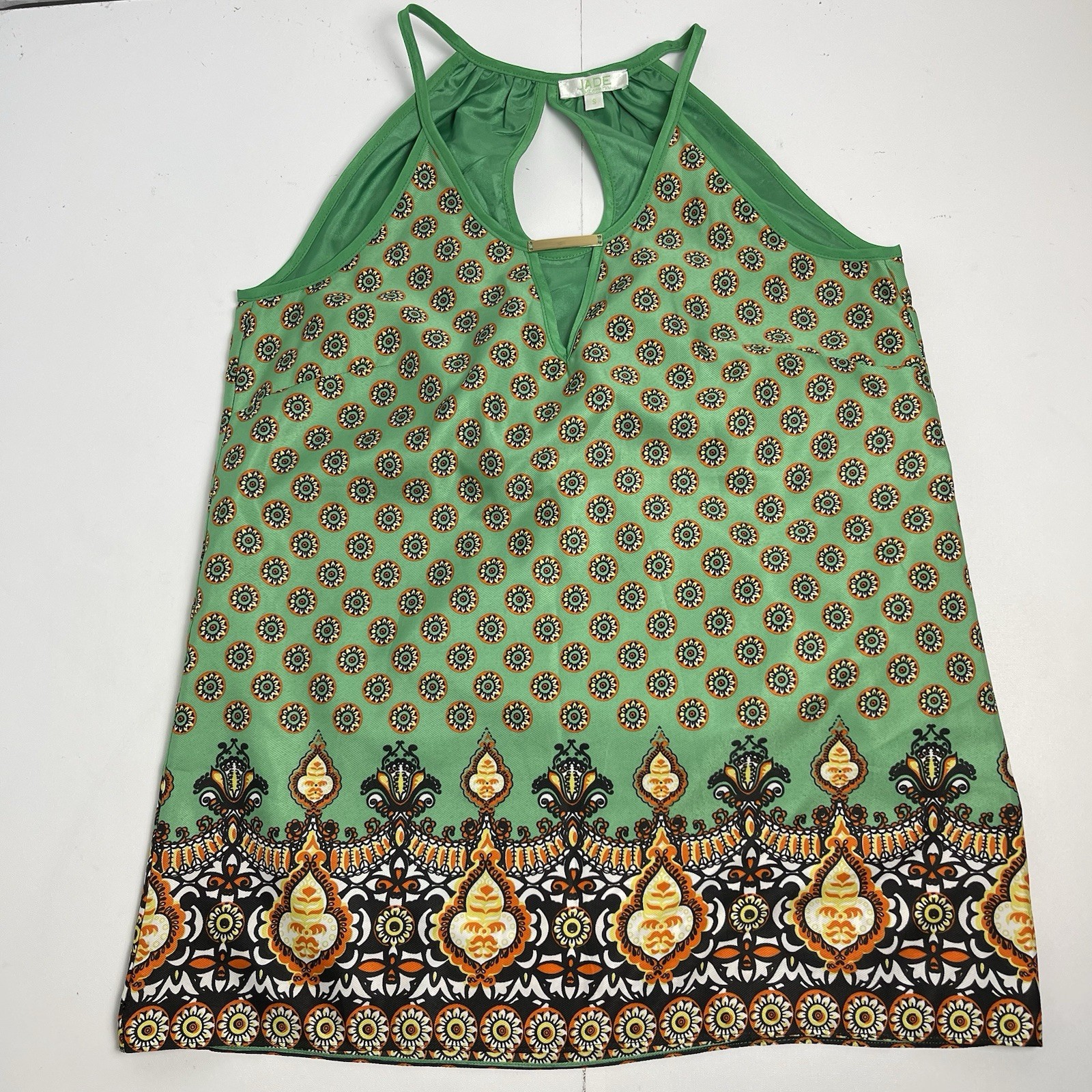 Jade Melody Tam Womens Small Lined Halter Tank Blouse Green Boho Medallion