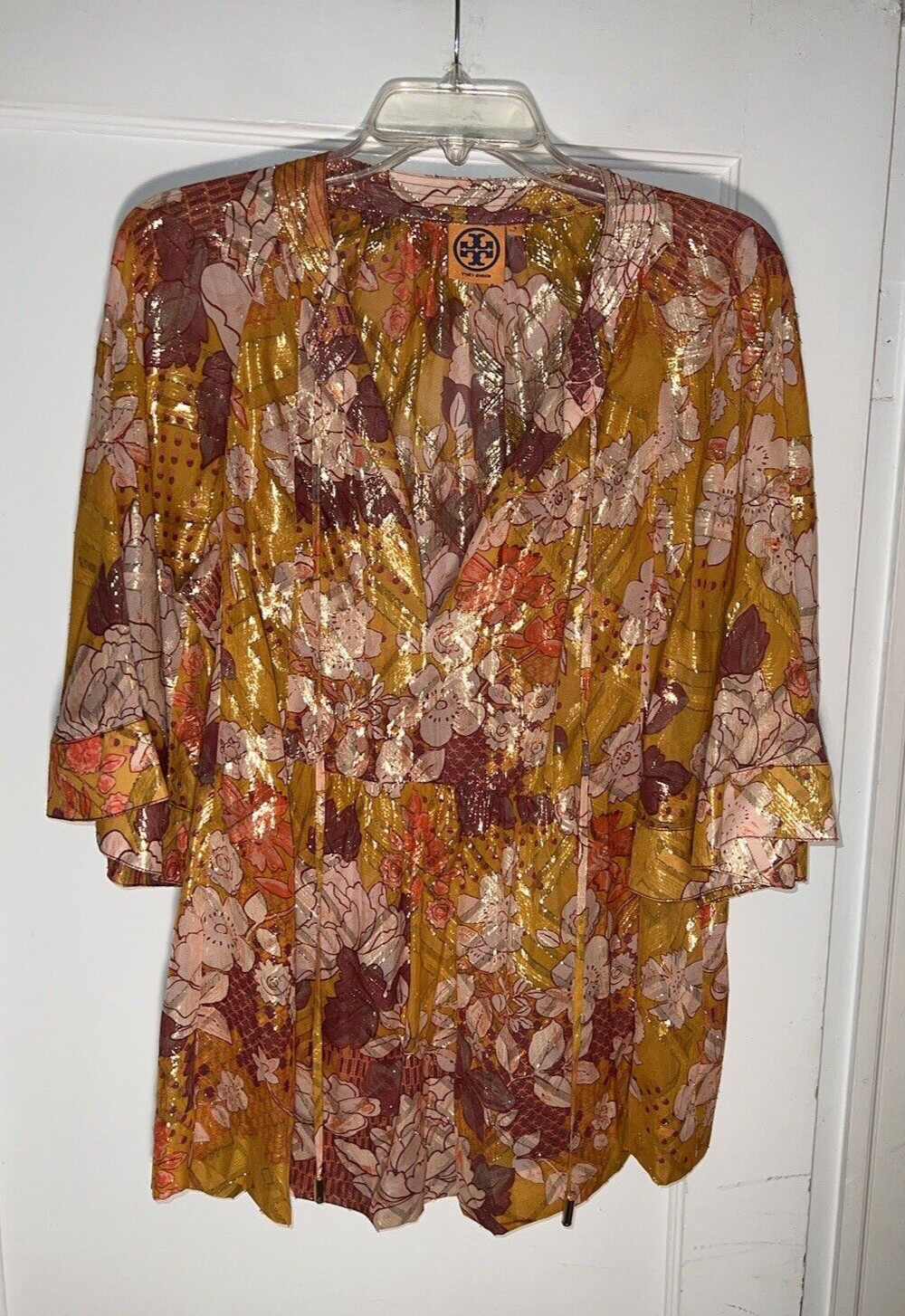 Tory Burch Silk Metallic Tunic Gold/Orange Size 6. d204