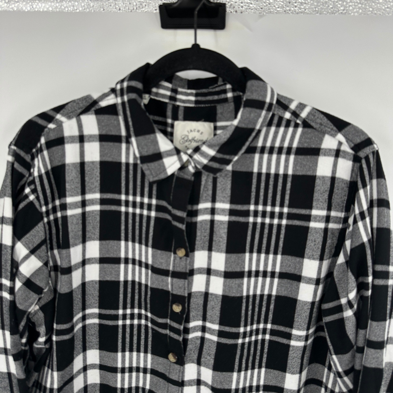 Jachs Girlfriend Women XL Black White Plaid Button Down Shirt Rayon Blend Long S