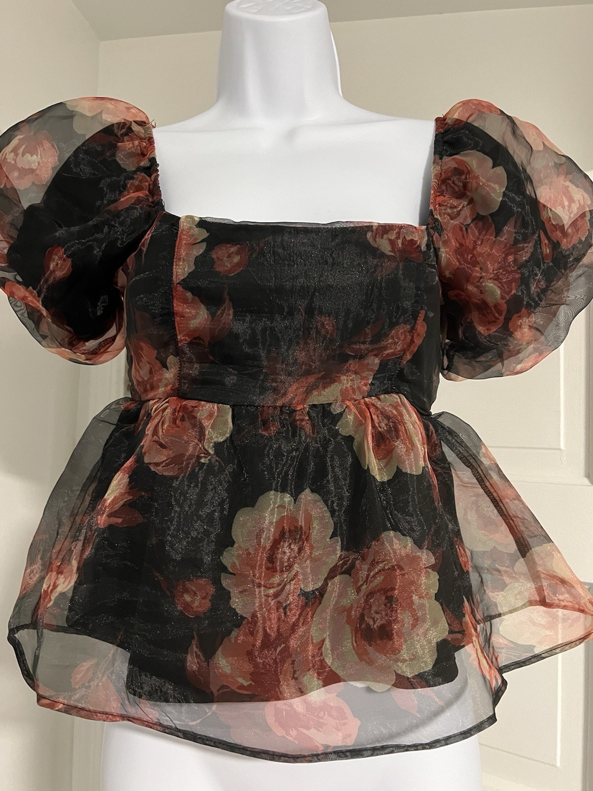 Thirty Thirty LA Black Floral Puff Sleeve Peplum Blouse Women’s Small Sheer