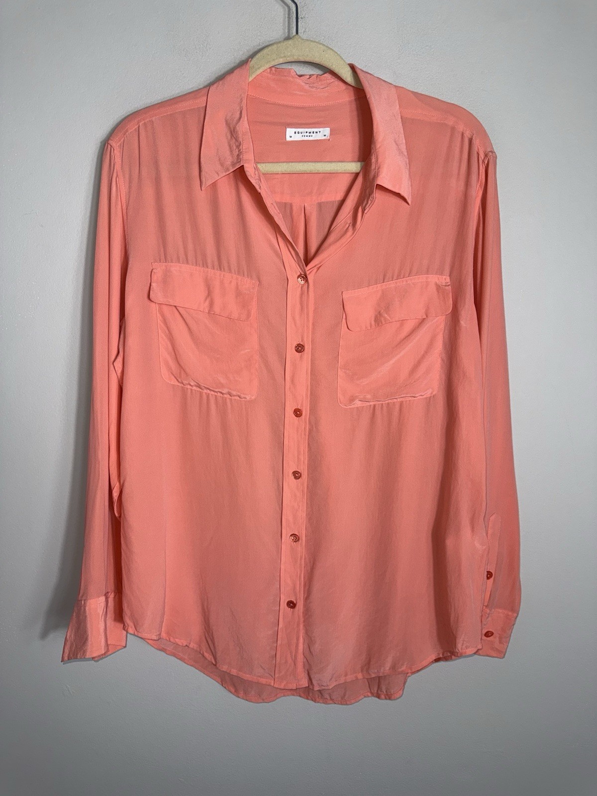Equipment Femme 100% Silk Button Front Blouse-Light Orange-Long Sleeves-MED